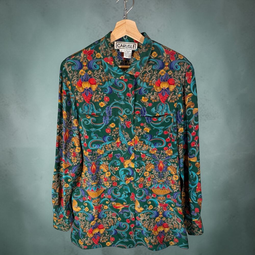 Carlisle VTG Women's 4 Green Mulitcolored Floral 100% Silk L/S Blouse Shacket